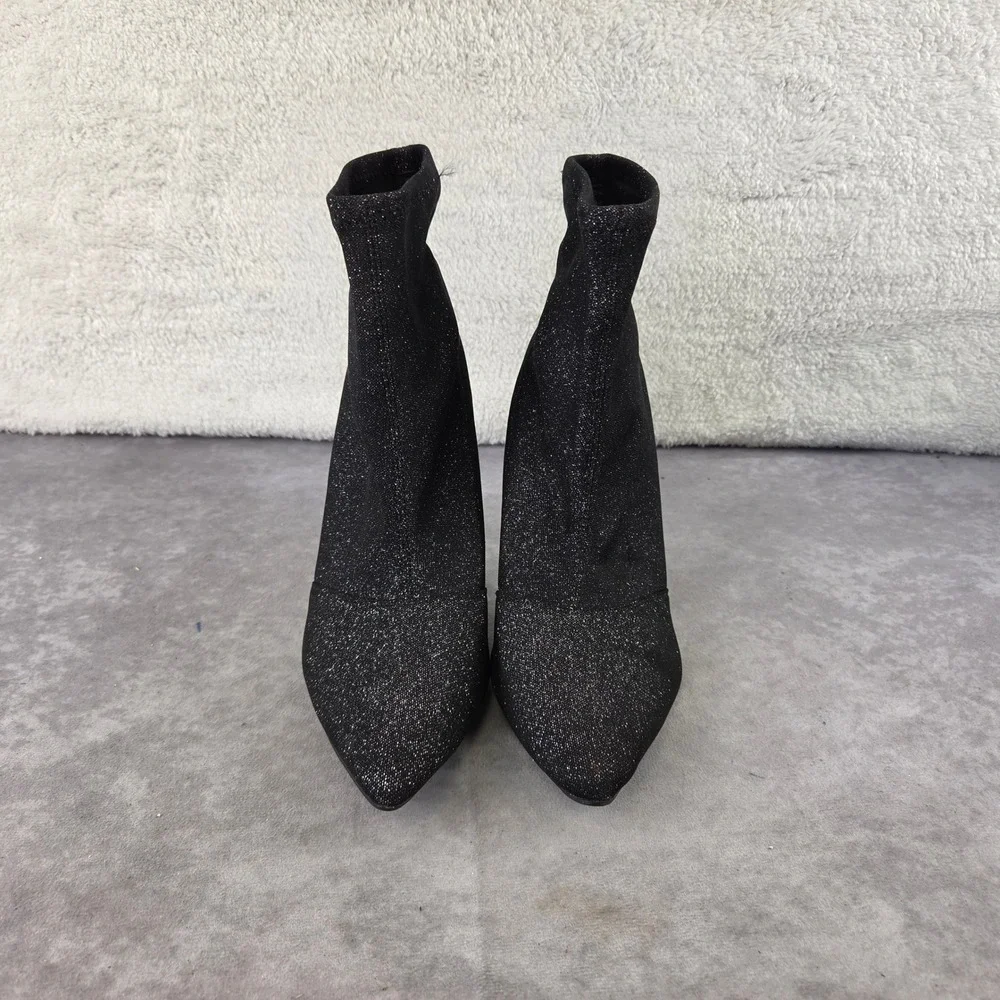 Brash Womens Black Glitter Sock Ankle Boots Pointed Toe Stiletto Heel Size 10